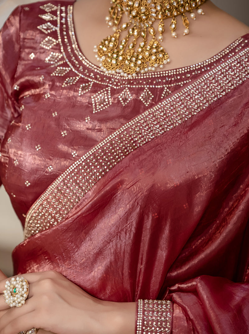 Maroon Premium Crush Silk Saree Embellished With Zircon Work