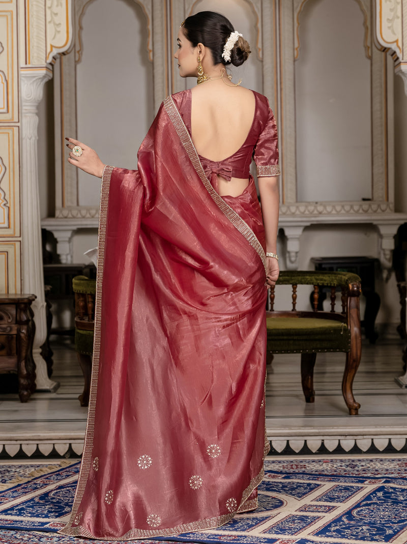 Maroon Premium Crush Silk Saree Embellished With Zircon Work