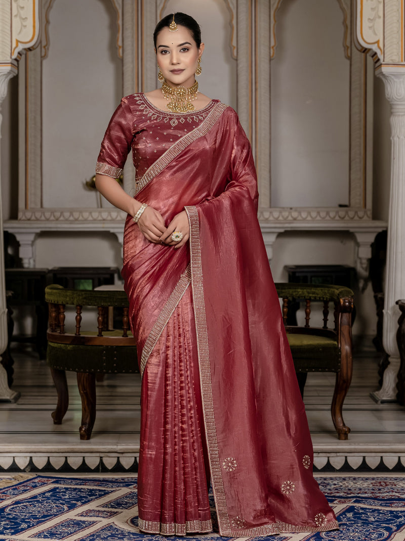 Maroon Premium Crush Silk Saree Embellished With Zircon Work