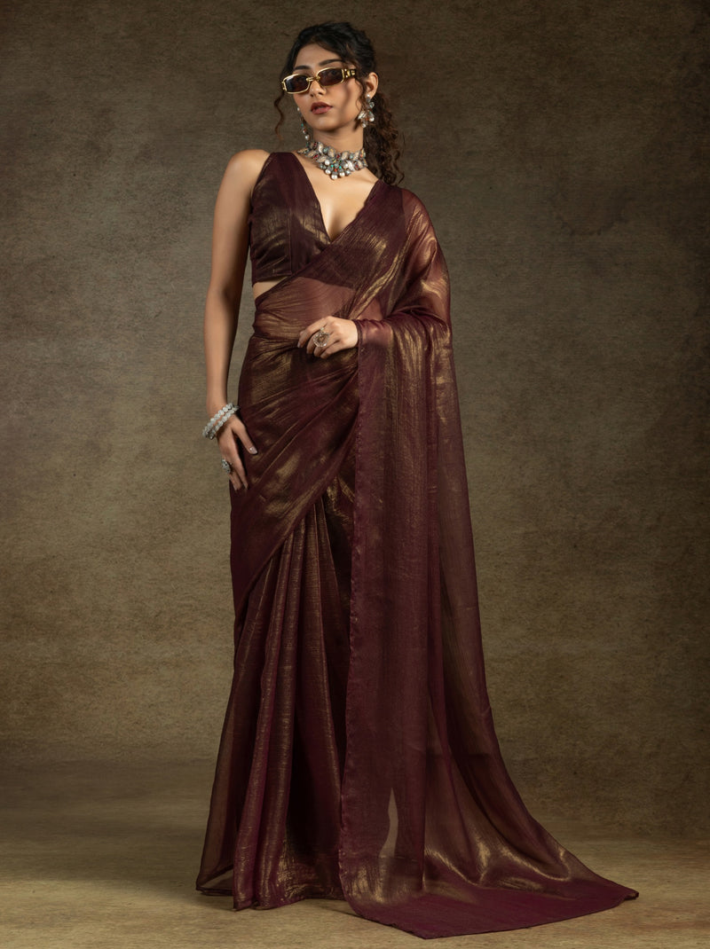 Maroon Brown Ready to Wear Party Saree With Blouse Piece