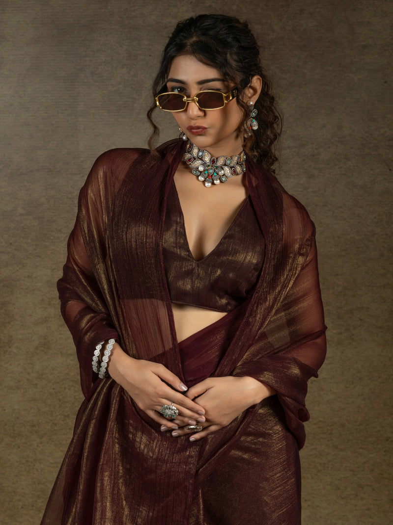 Maroon Brown Ready to Wear Party Saree With Blouse Piece