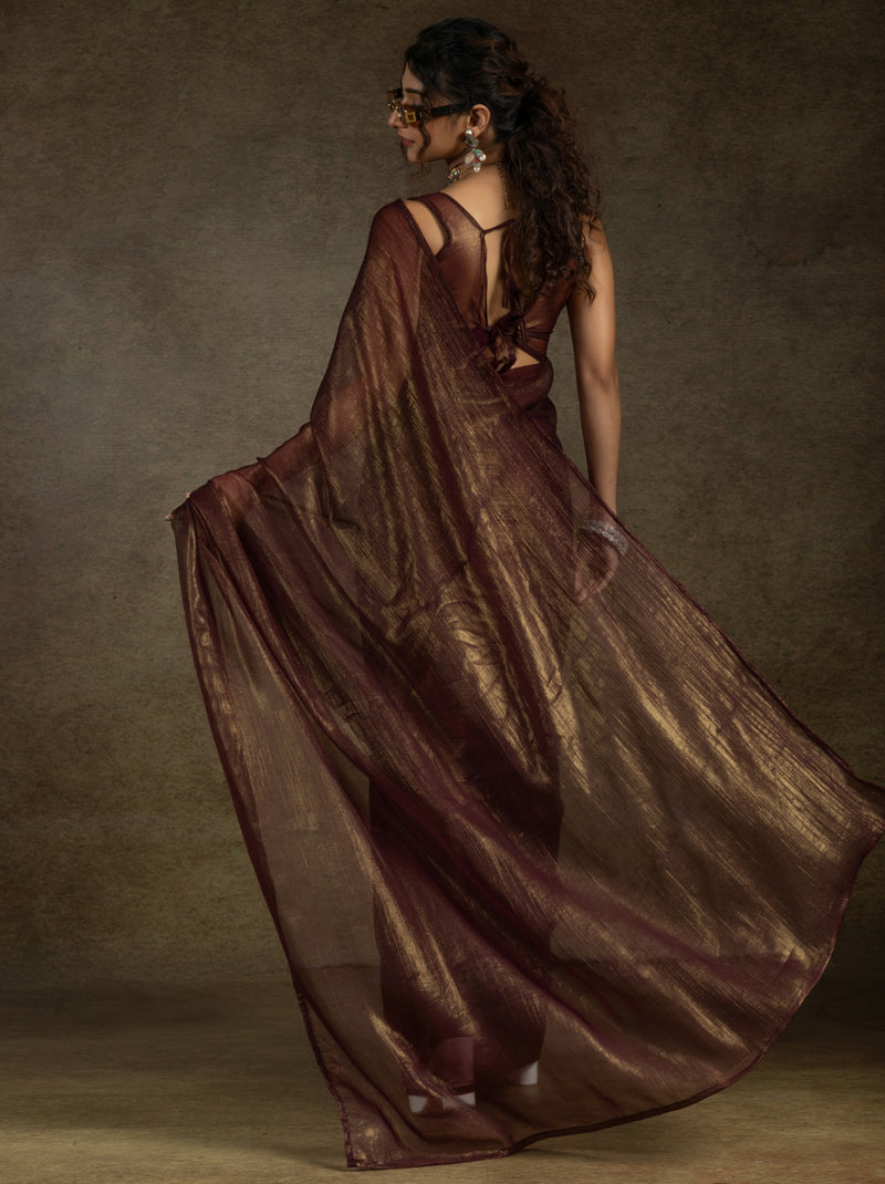 Maroon Brown Ready to Wear Party Saree With Blouse Piece