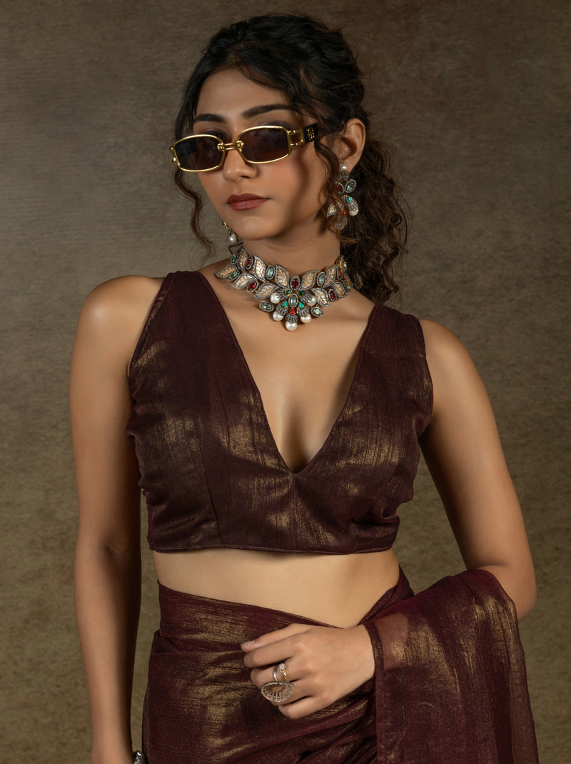 Maroon Brown Ready to Wear Party Saree With Blouse Piece