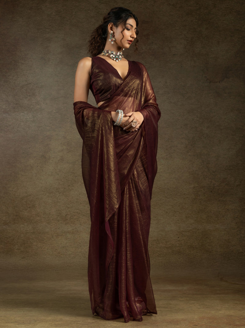 Maroon Brown Ready to Wear Party Saree With Blouse Piece