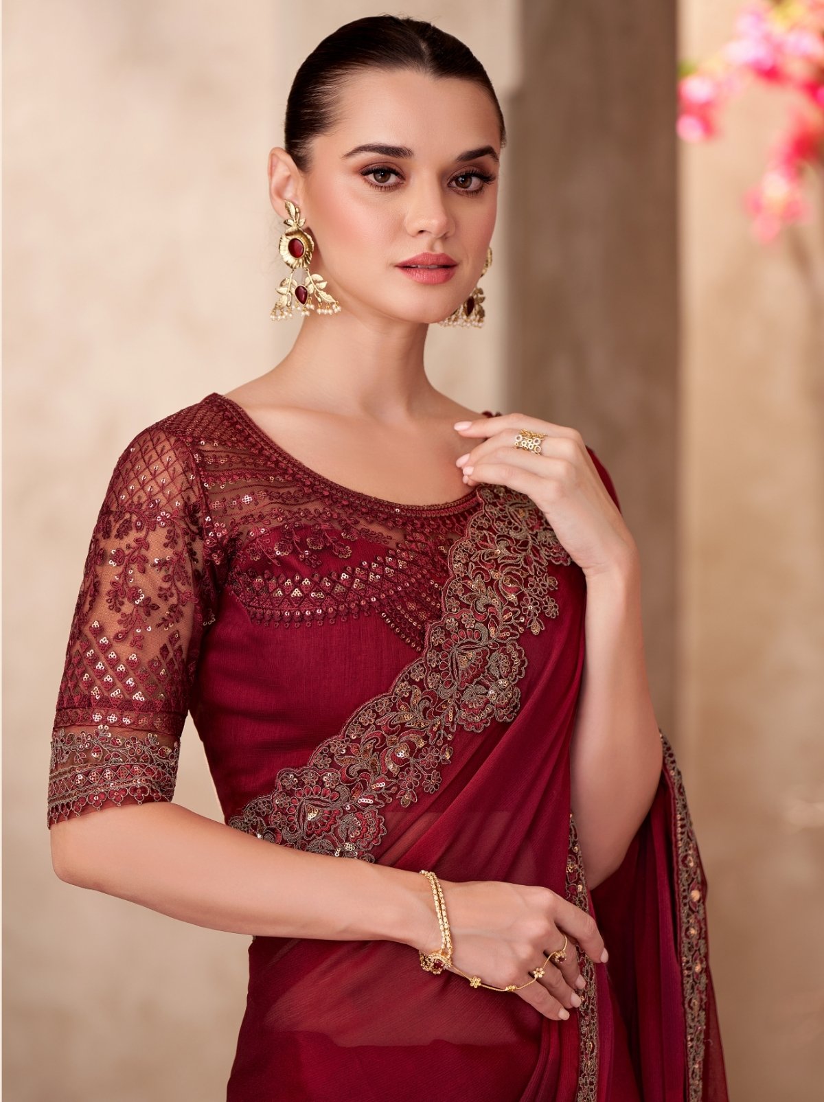 Maroon Premium Chiffon Saree With Blouse Piece