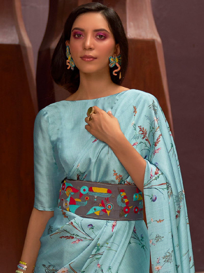 Maya Blue Satin Silk Designer Saree - TrendOye