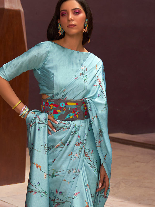 Maya Blue Satin Silk Designer Saree - TrendOye