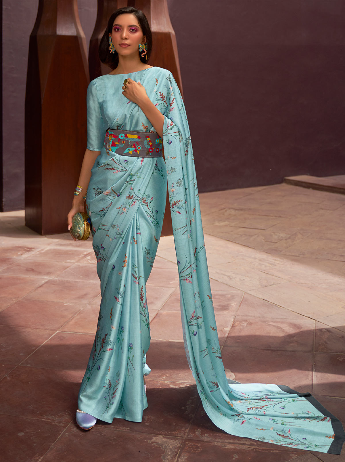 Maya Blue Satin Silk Designer Saree - TrendOye