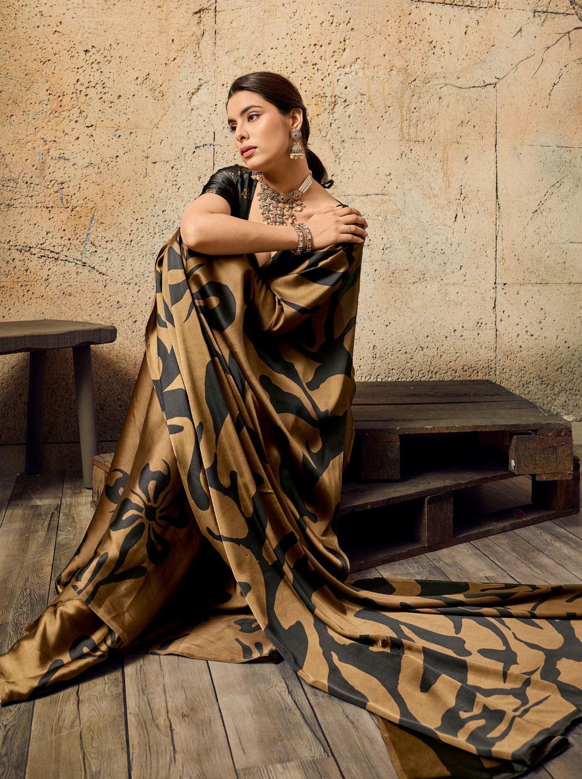 Metallic Copper Premium Modal Satin Silk Saree With Blouse Piece