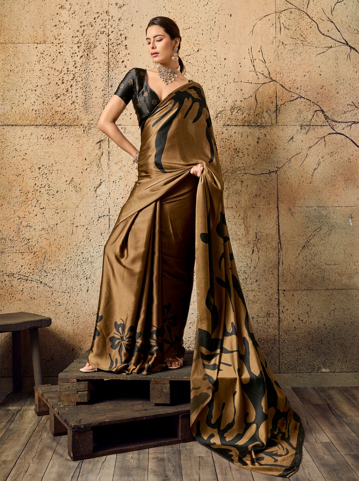 Metallic Copper Premium Modal Satin Silk Saree With Blouse Piece