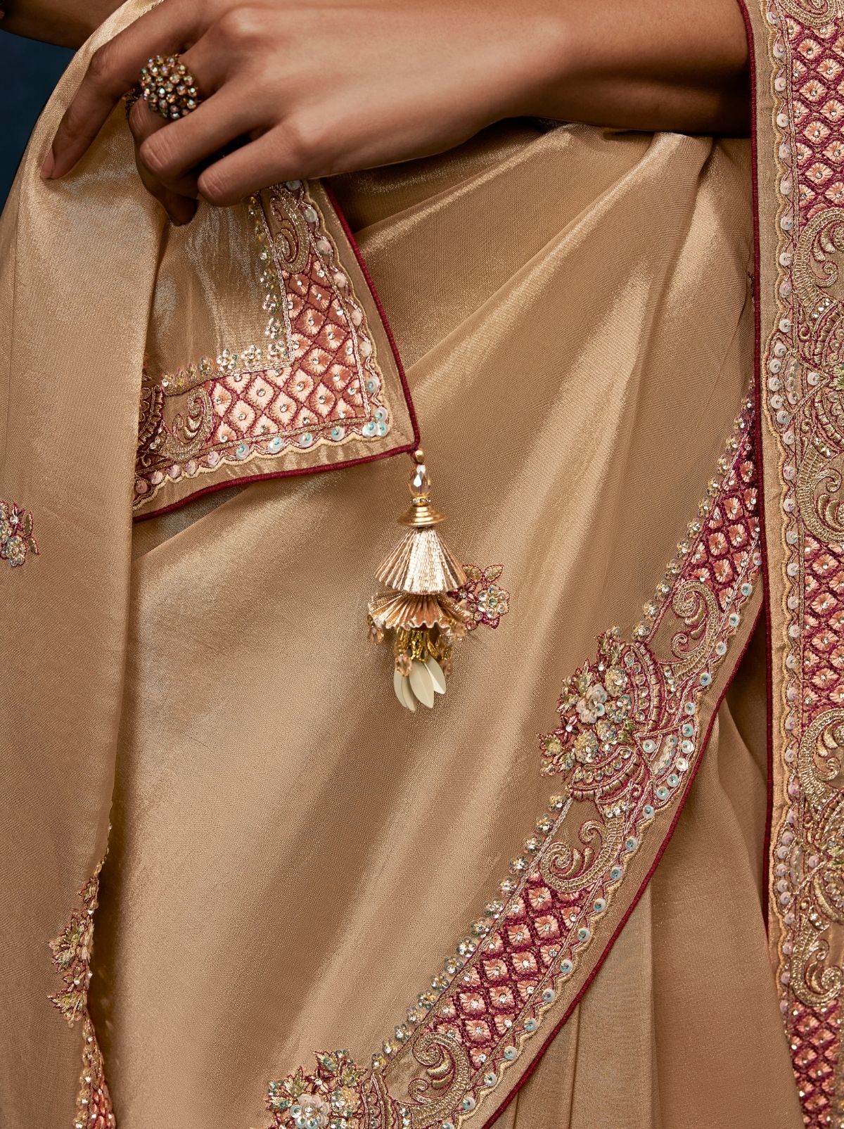 Metallic Cream Celebration Fancy Saree With Premium Blouse - TrendOye