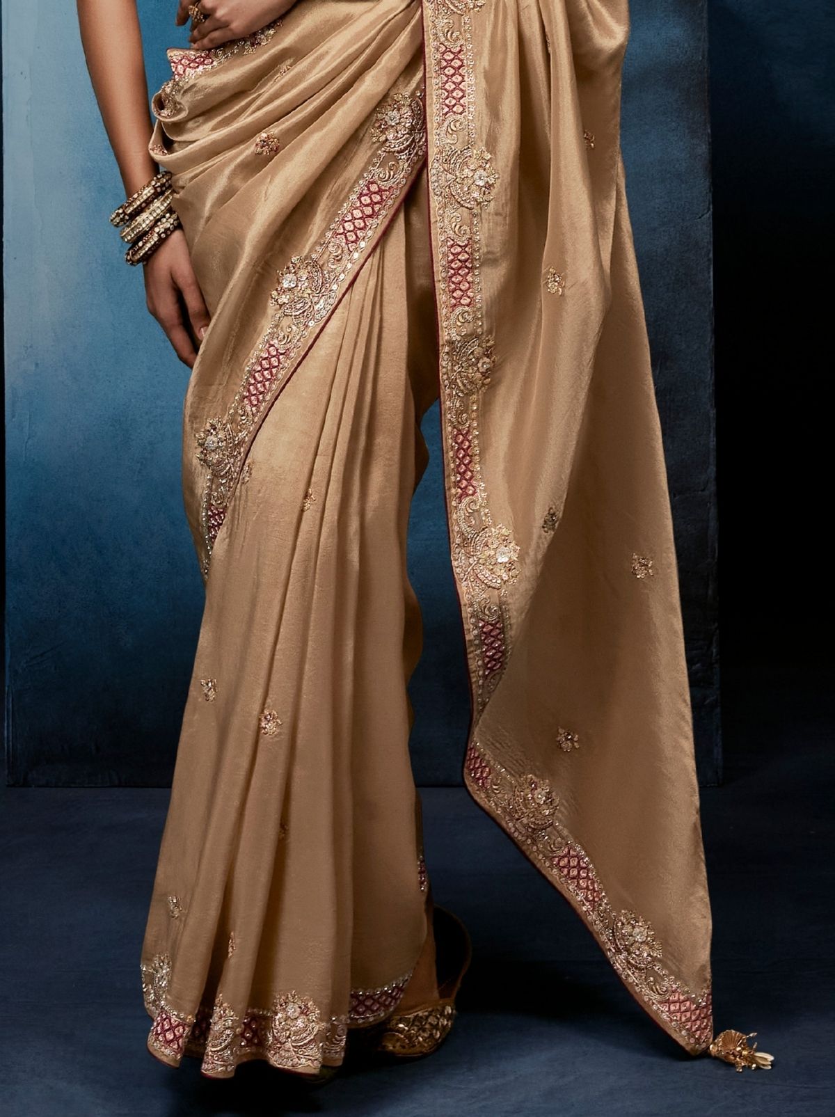 Metallic Cream Celebration Fancy Saree With Premium Blouse - TrendOye