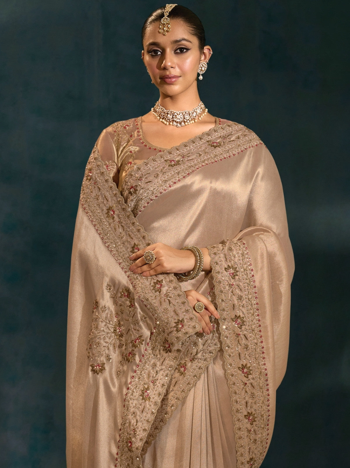 Metallic Cream Wedding Designer Soft Silk Saree With Blouse Piece