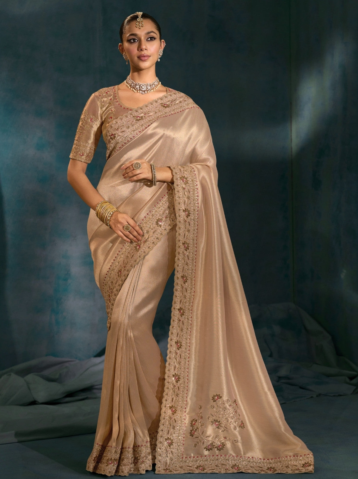 Metallic Cream Wedding Designer Soft Silk Saree With Blouse Piece
