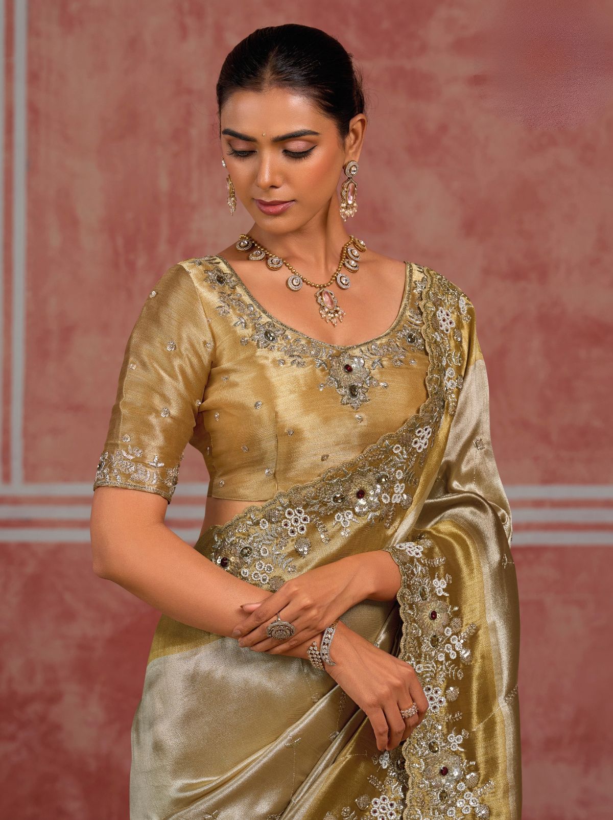 Metallic Cream Luxurious Premium Silk Saree With Intricate Embroidery