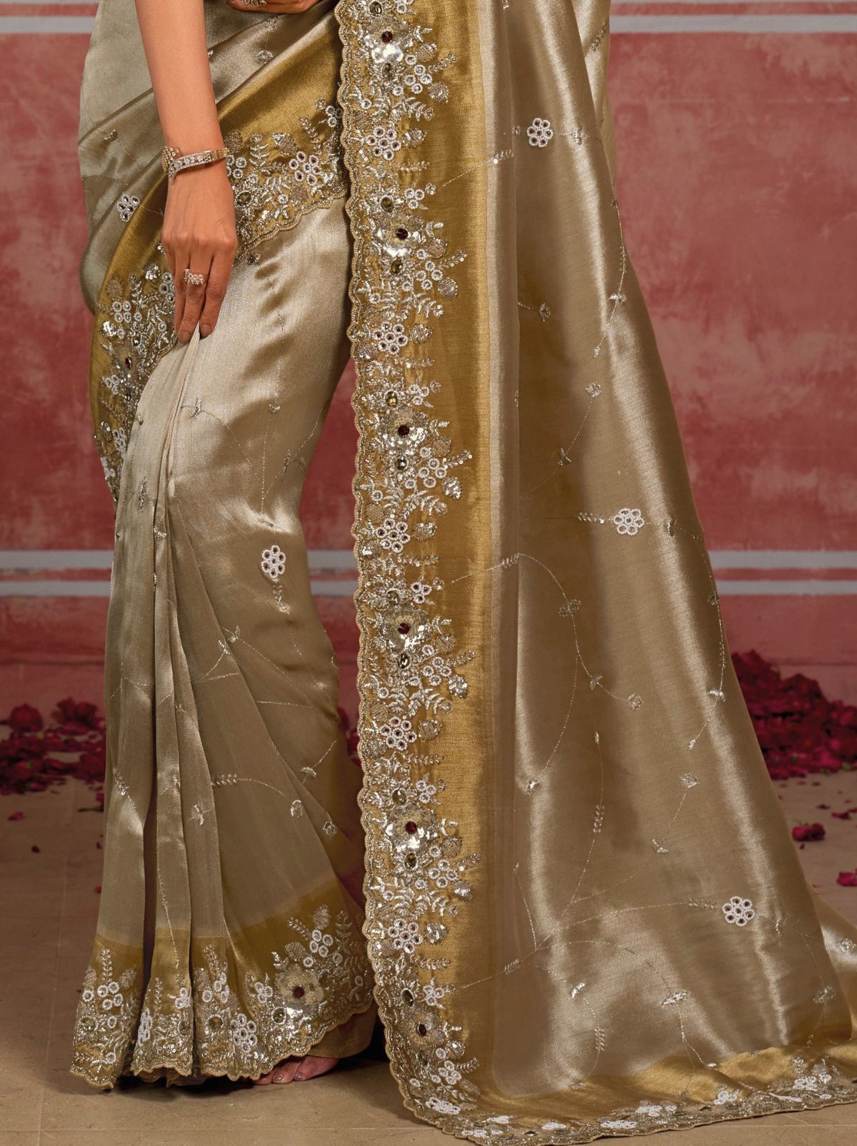 Metallic Cream Luxurious Premium Silk Saree With Intricate Embroidery