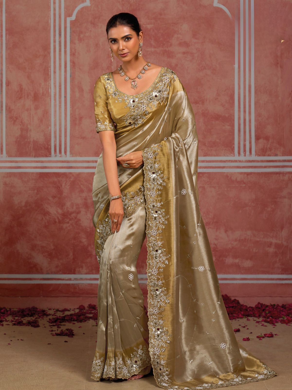 Metallic Cream Luxurious Premium Silk Saree With Intricate Embroidery