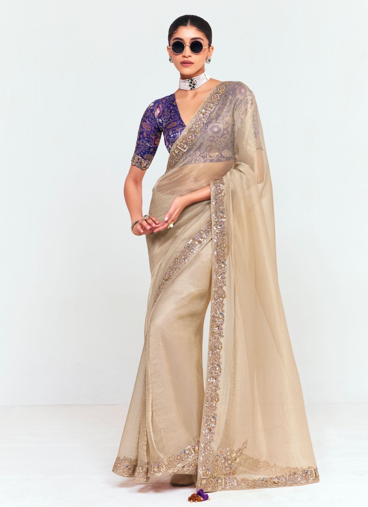 Metallic Cream Party Fancy Premium Saree With Fine Blouse Piece - TrendOye