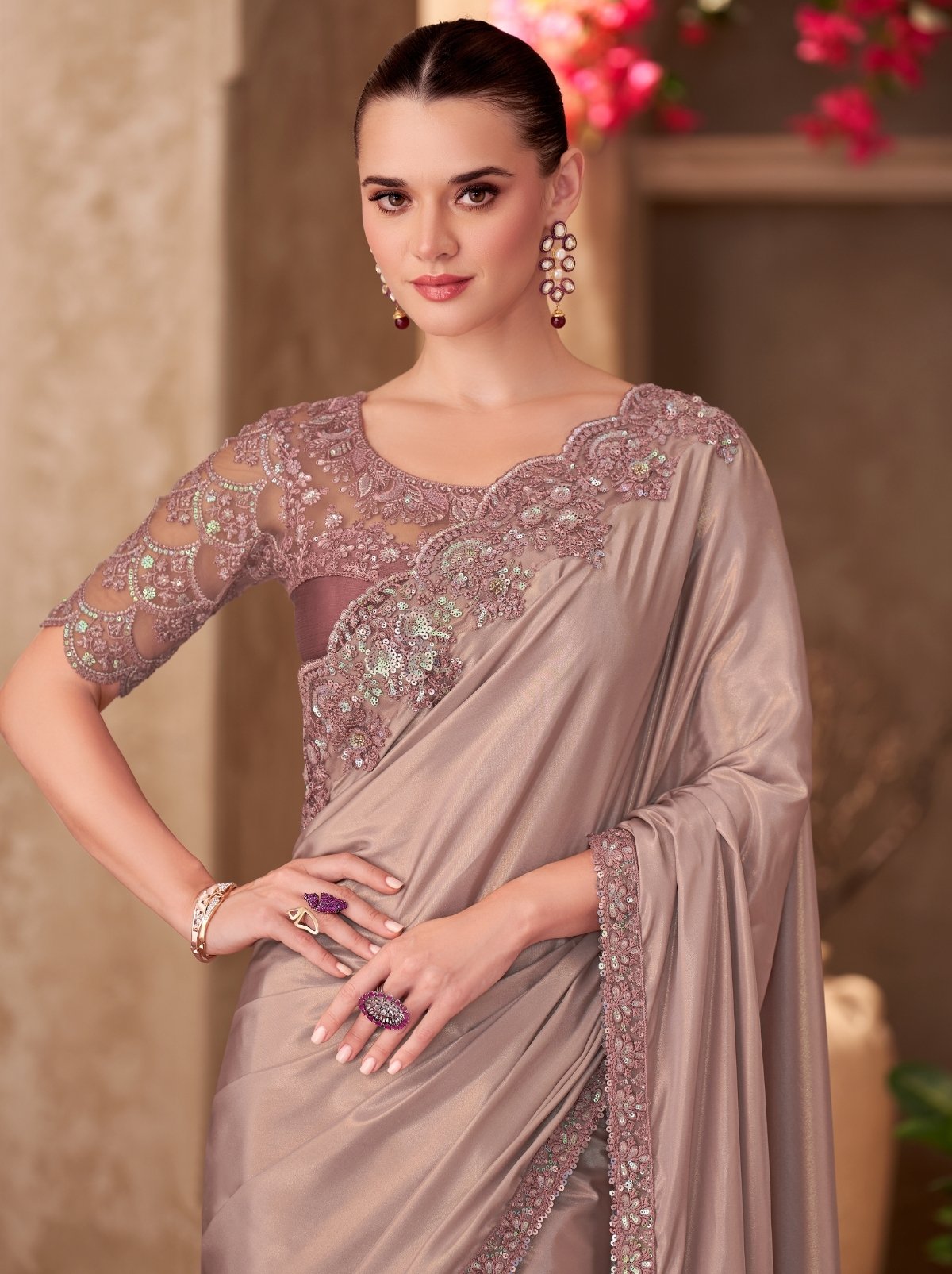 Metallic Cream Premium Crepe Saree With Blouse Piece