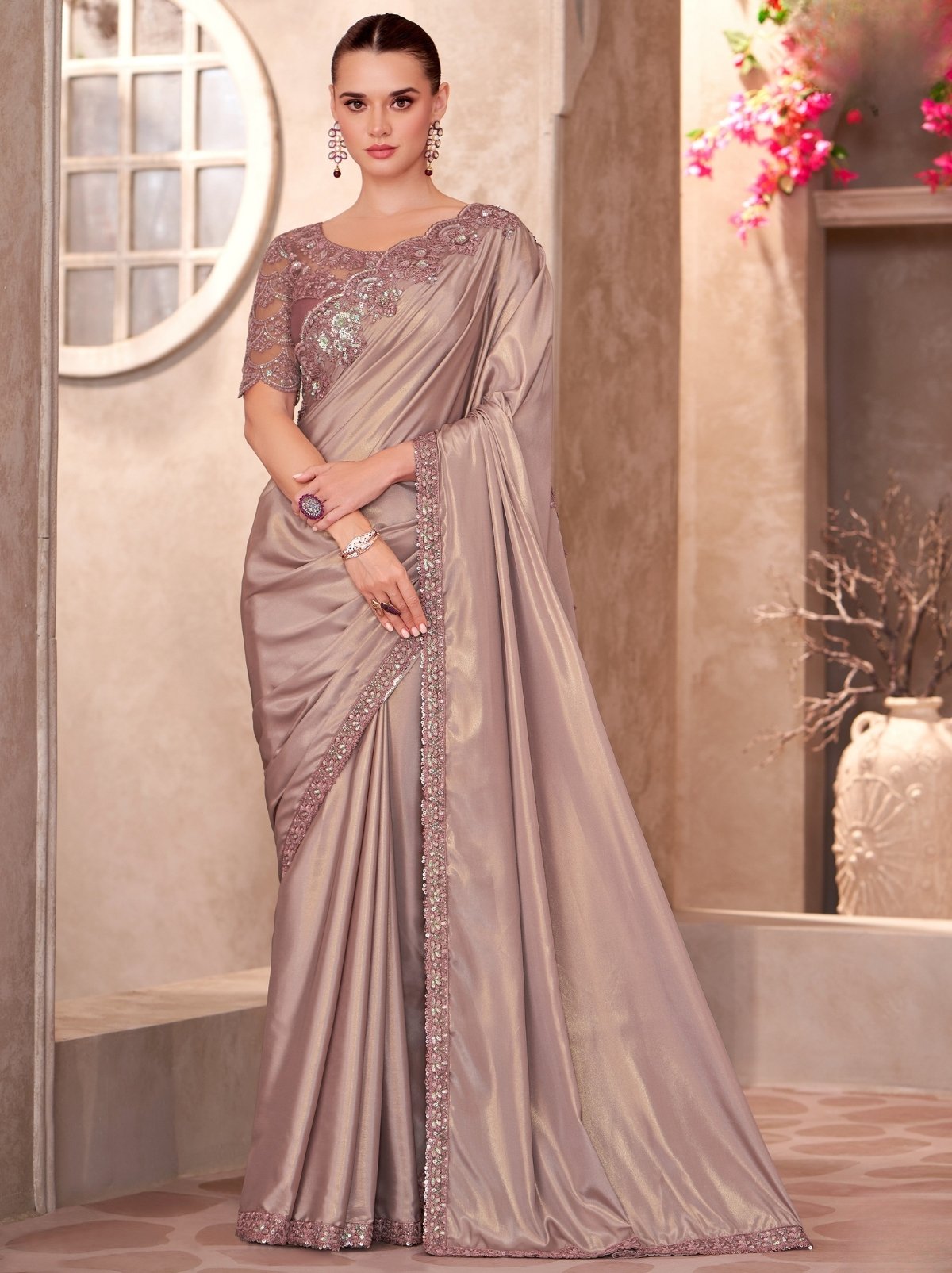 Metallic Cream Premium Crepe Saree With Blouse Piece