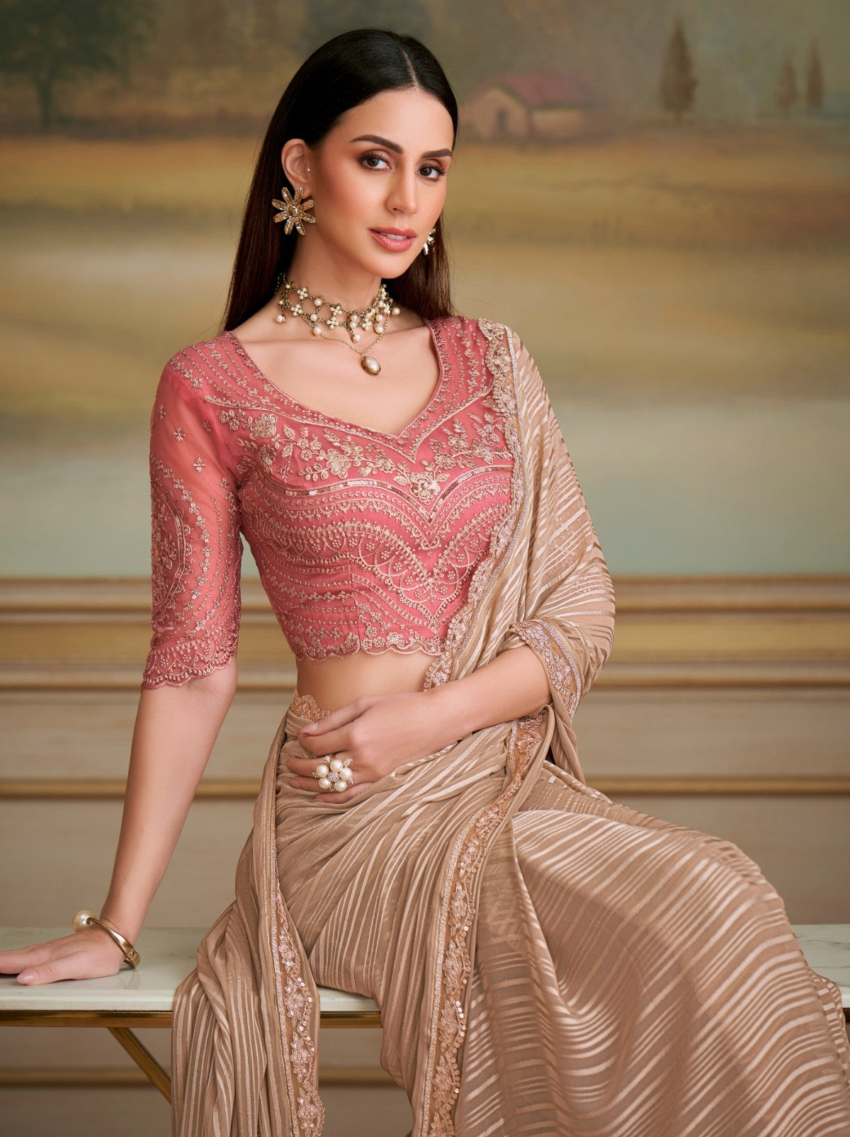 Metallic Cream Premium Georgette Silk Saree For Wedding & Parties