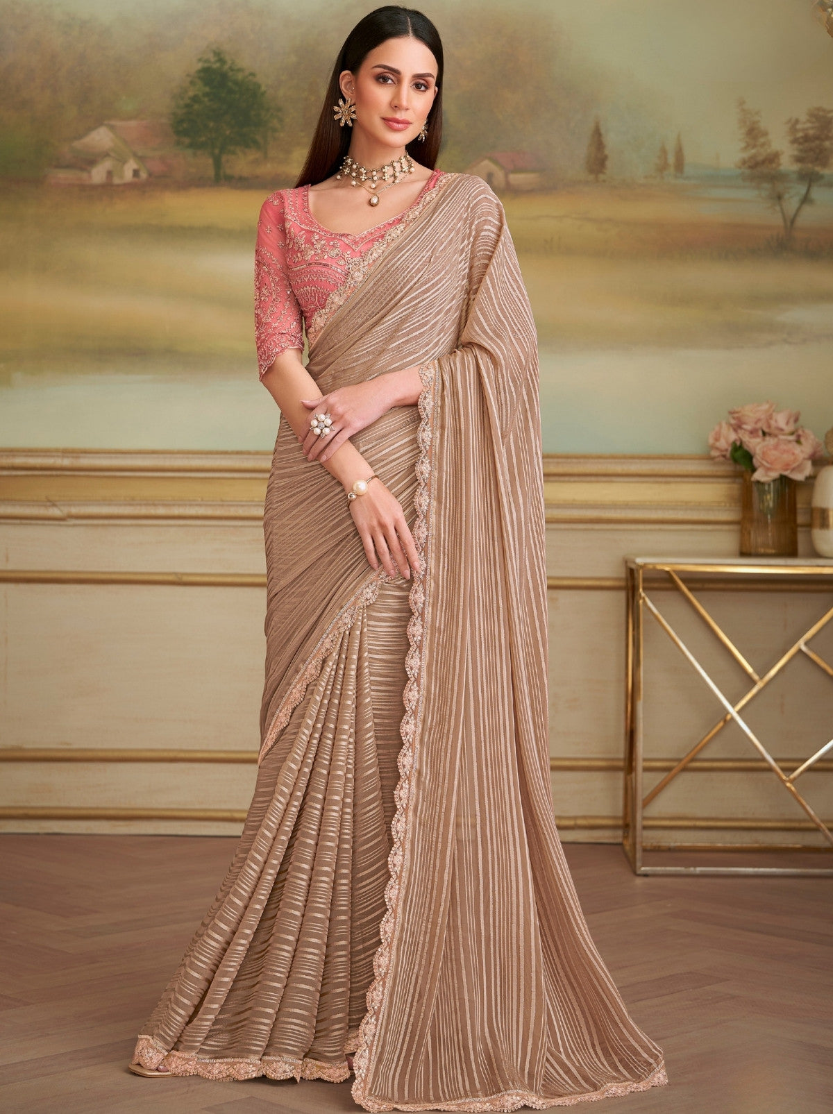Metallic Cream Premium Georgette Silk Saree For Wedding & Parties