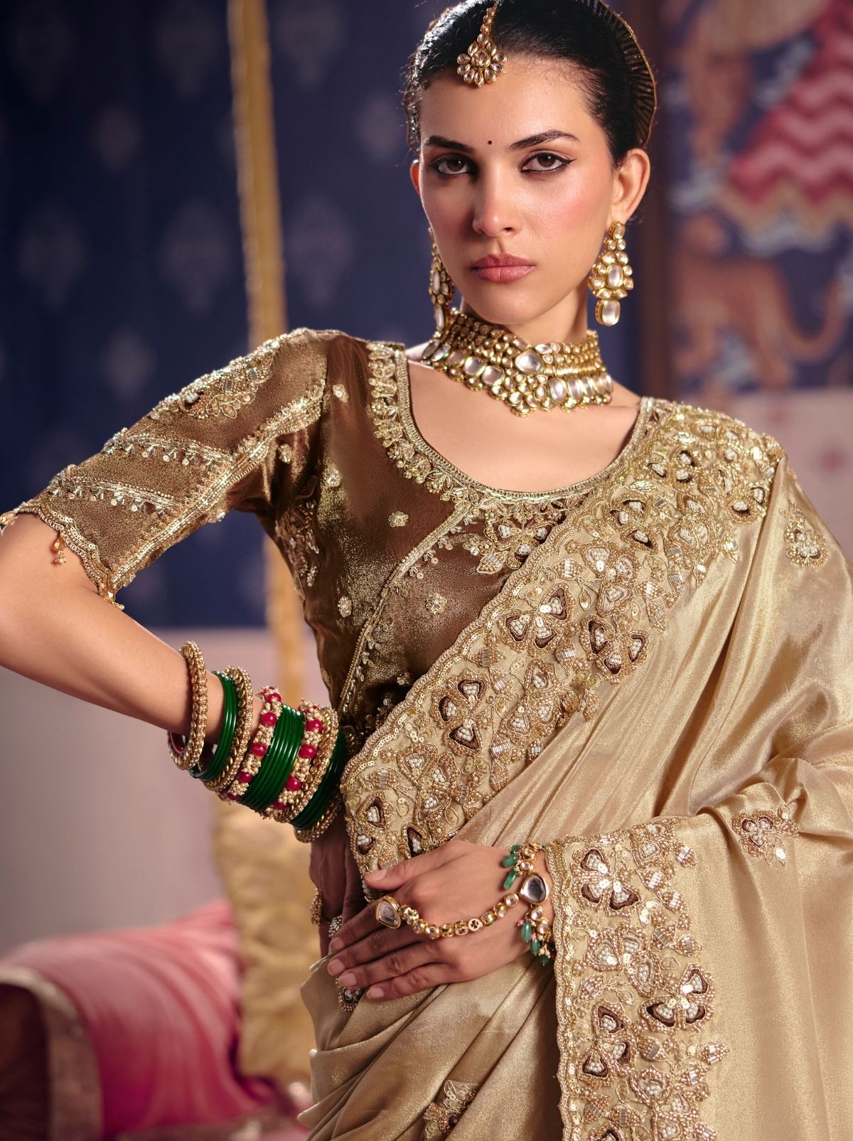 Metallic Cream Tissue Silk Saree with Luxurious Zari & Embroidered Border