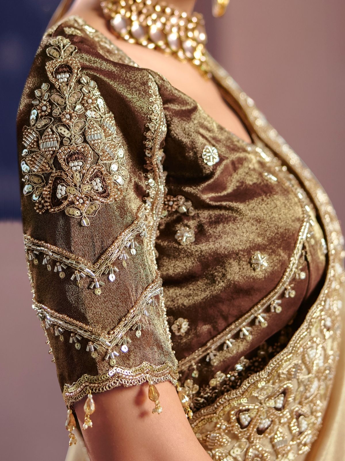 Metallic Cream Tissue Silk Saree with Luxurious Zari & Embroidered Border