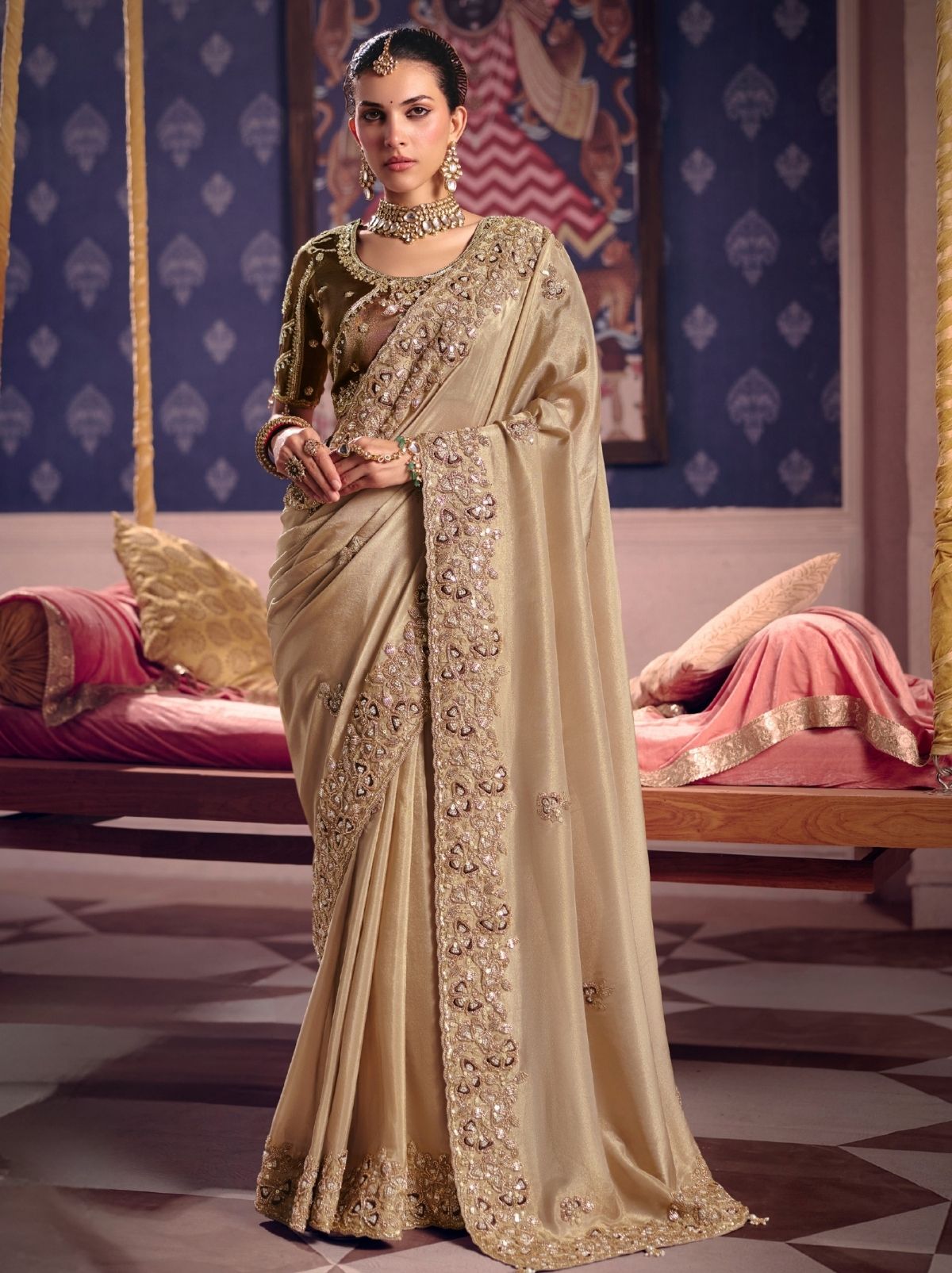 Metallic Cream Tissue Silk Saree with Luxurious Zari & Embroidered Border