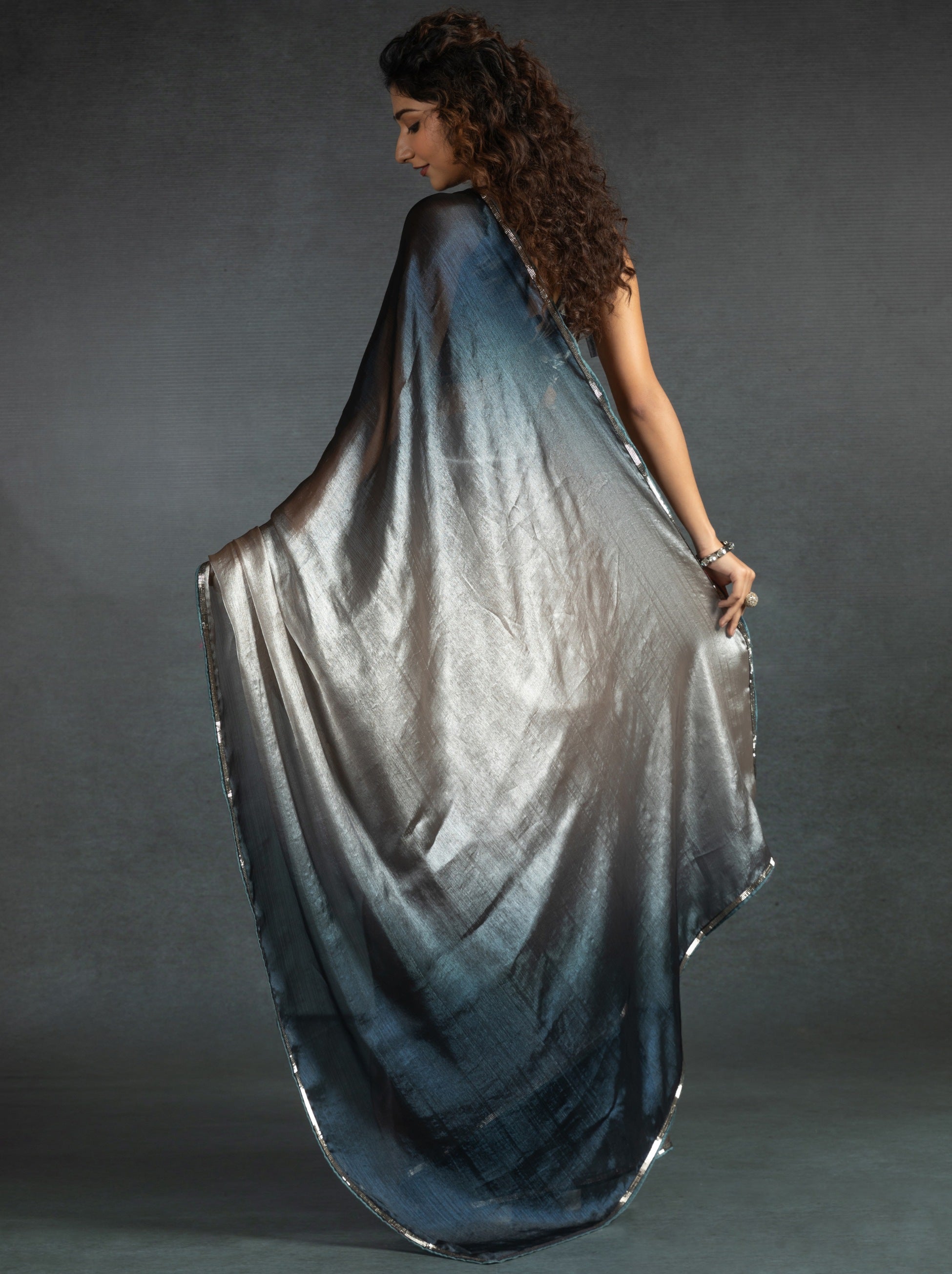 Metallic Dual Tone Beige-Black Designer Ready to Wear Saree