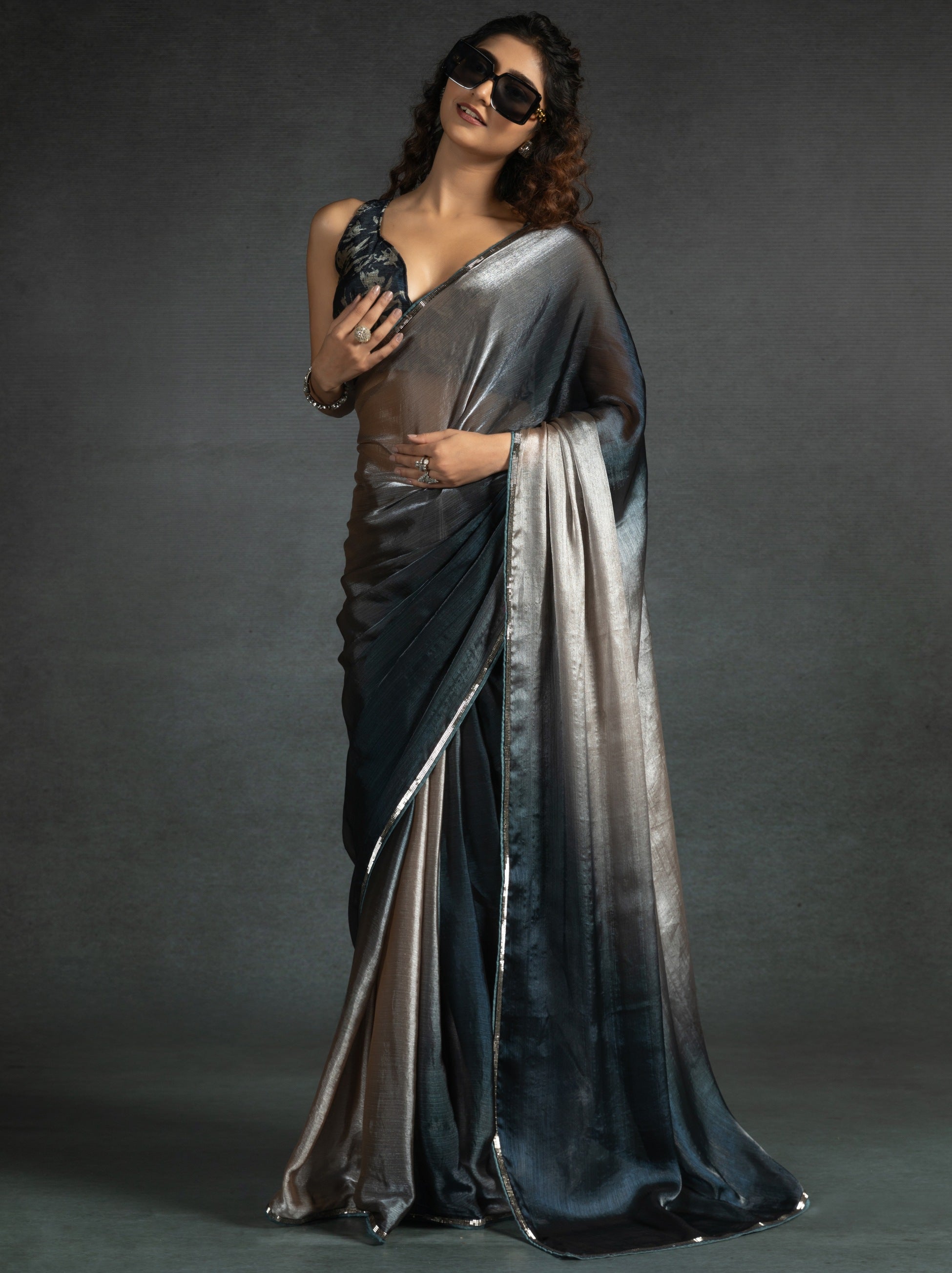 Metallic Dual Tone Beige-Black Designer Ready to Wear Saree