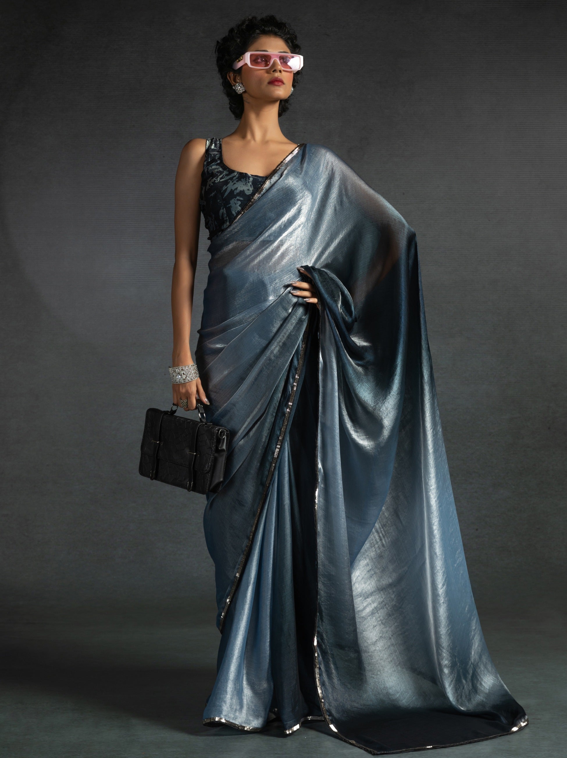 Metallic Dual Tone Black-Grey Designer Ready to Wear Saree