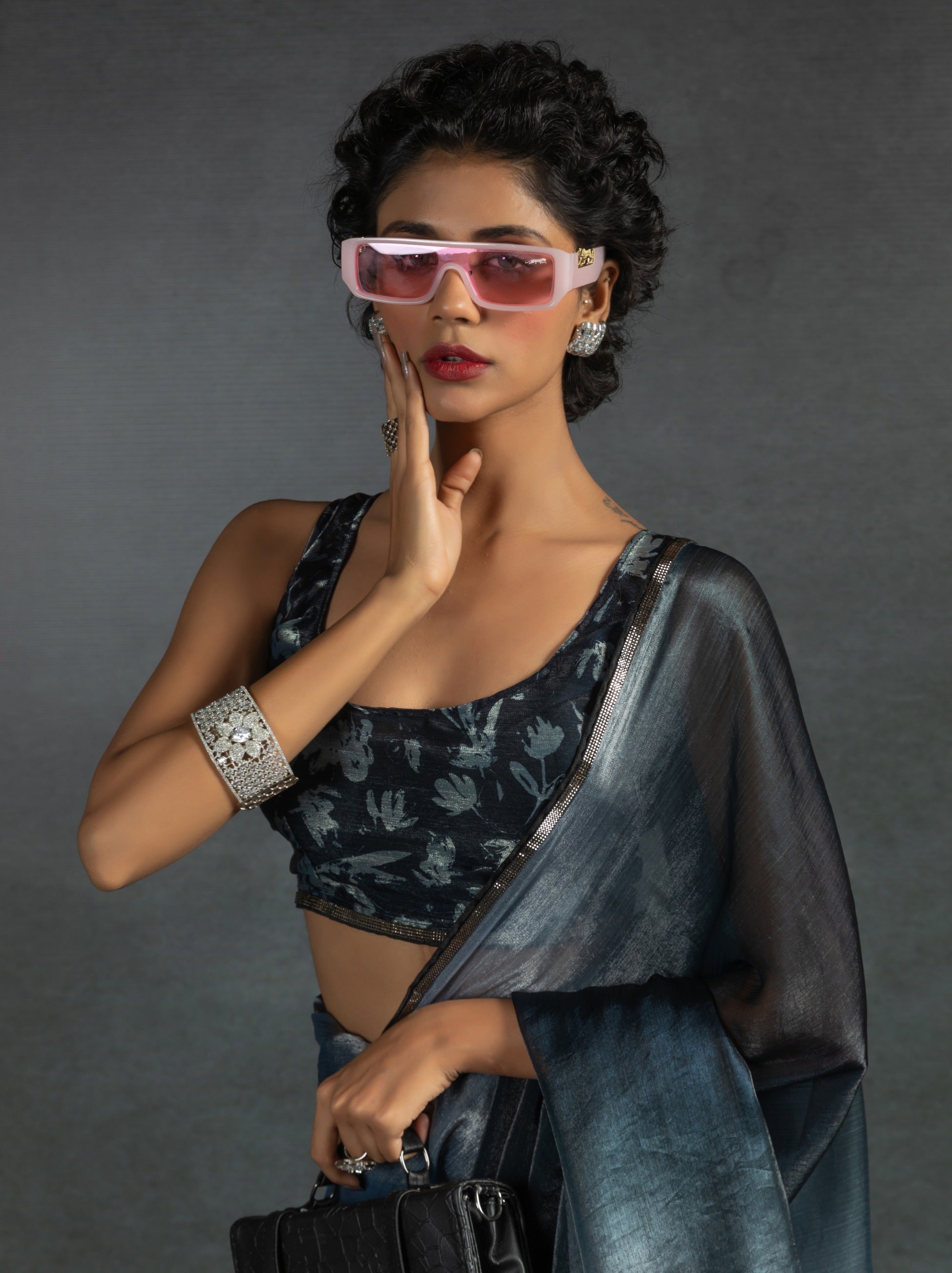 Metallic Dual Tone Black-Grey Designer Ready to Wear Saree