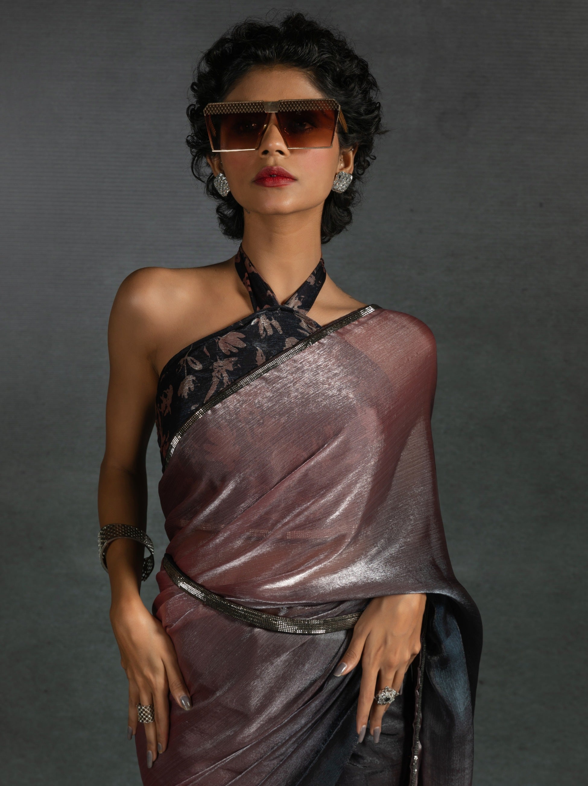 Metallic Dual Tone Black-Pink Designer Ready to Wear Saree - TrendOye