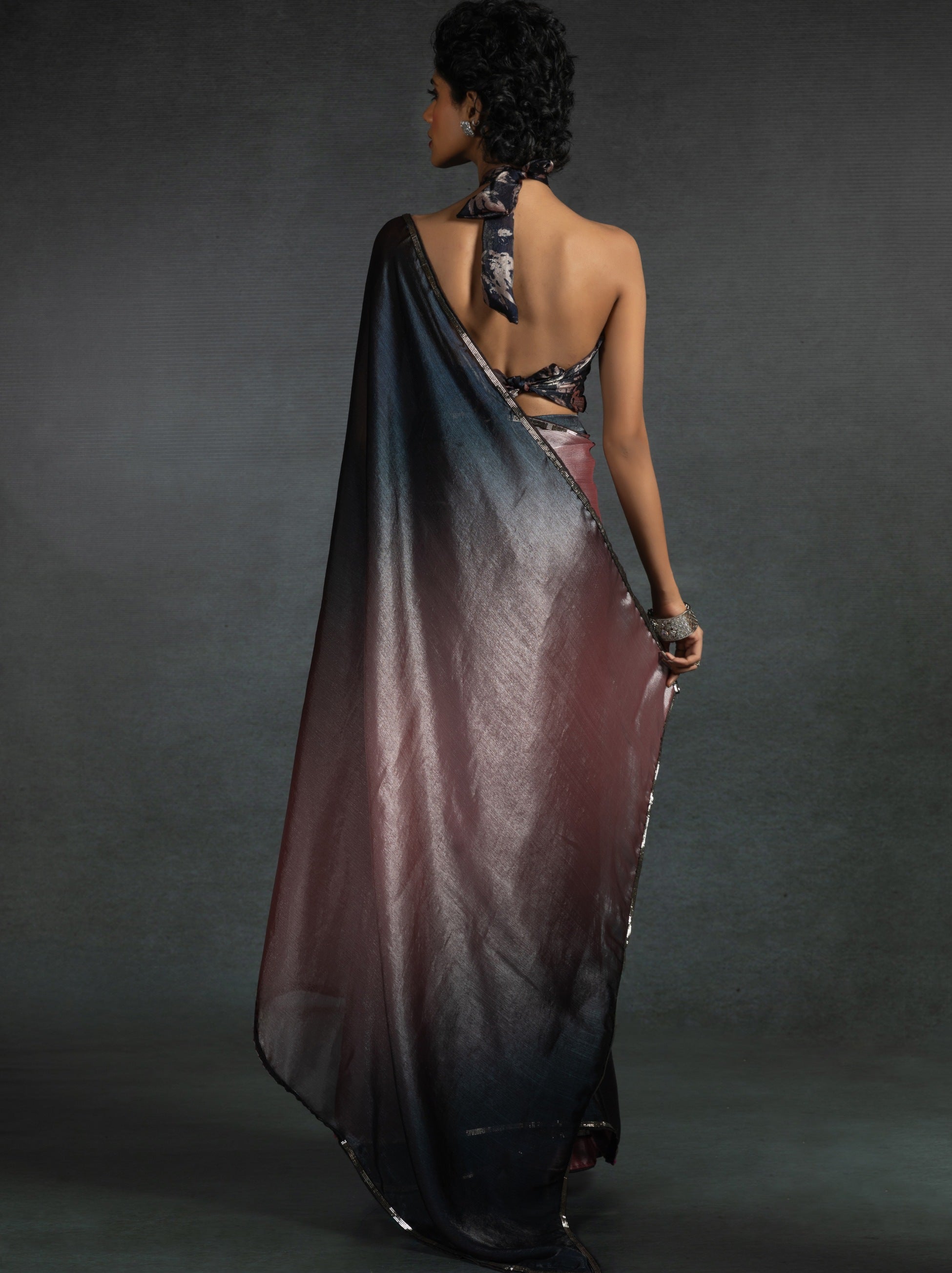 Metallic Dual Tone Black-Pink Designer Ready to Wear Saree - TrendOye