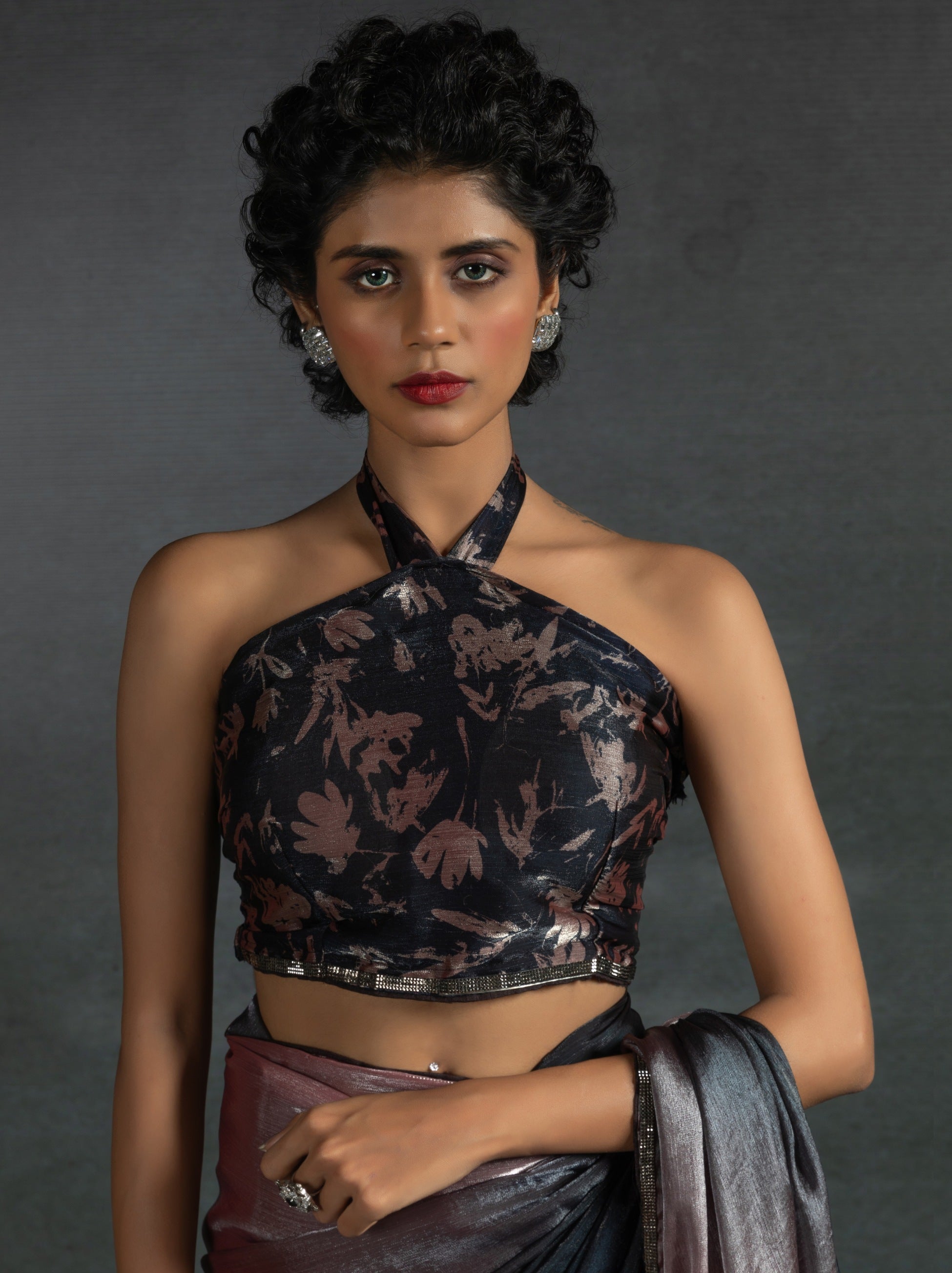 Metallic Dual Tone Black-Pink Designer Ready to Wear Saree - TrendOye