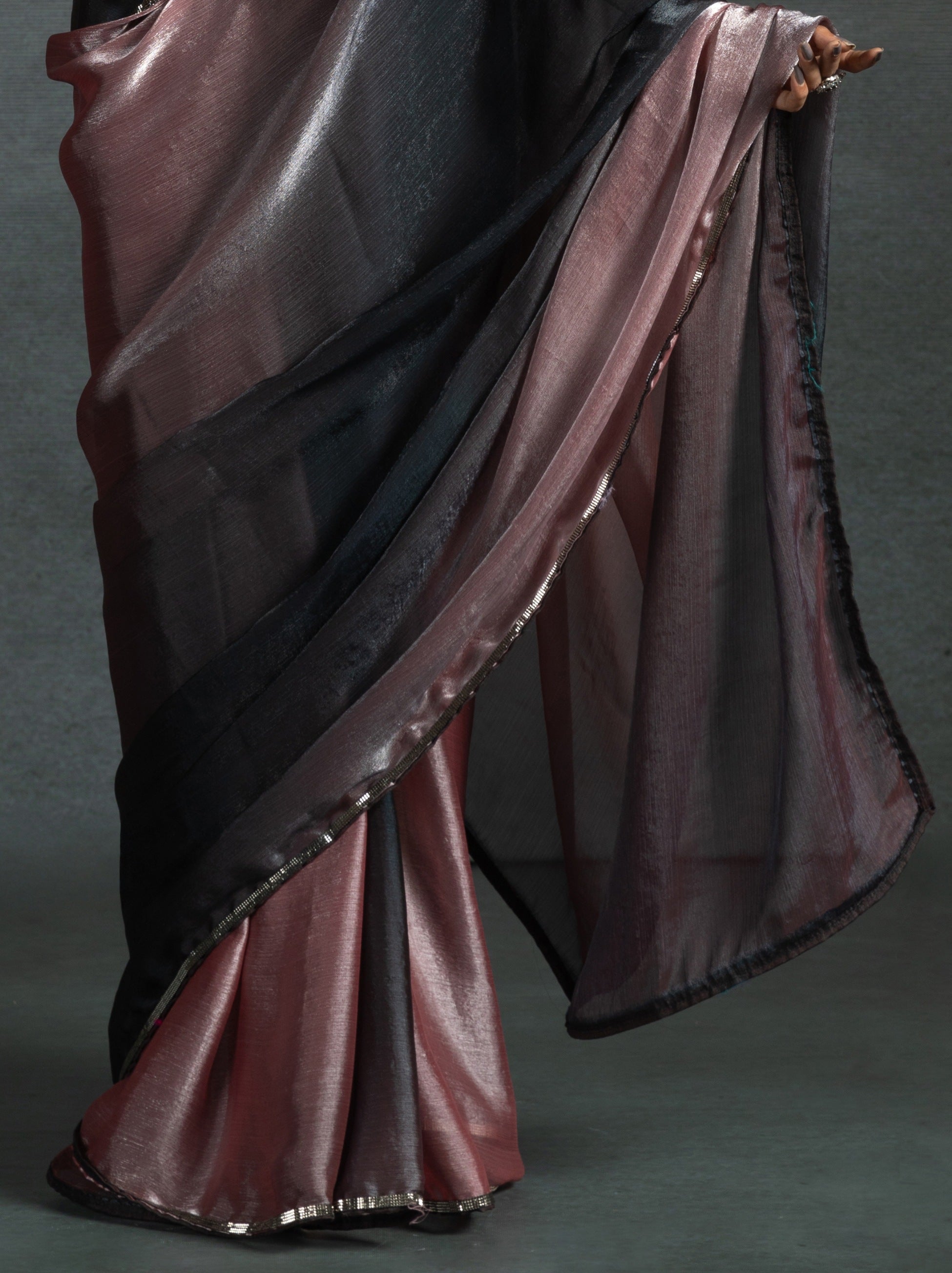Metallic Dual Tone Black-Pink Designer Ready to Wear Saree - TrendOye