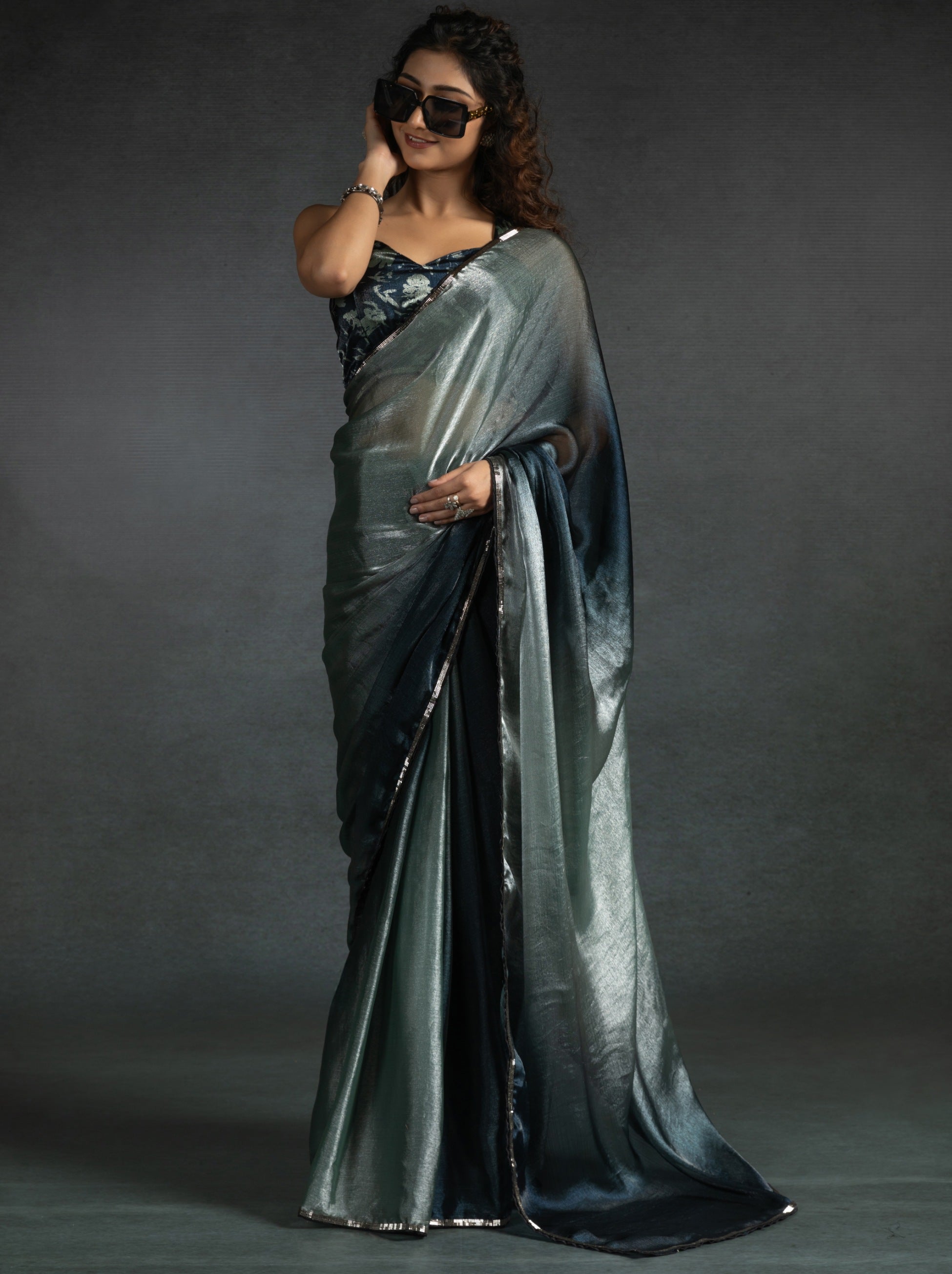 Metallic Dual Tone Green-Black Designer Ready to Wear Saree
