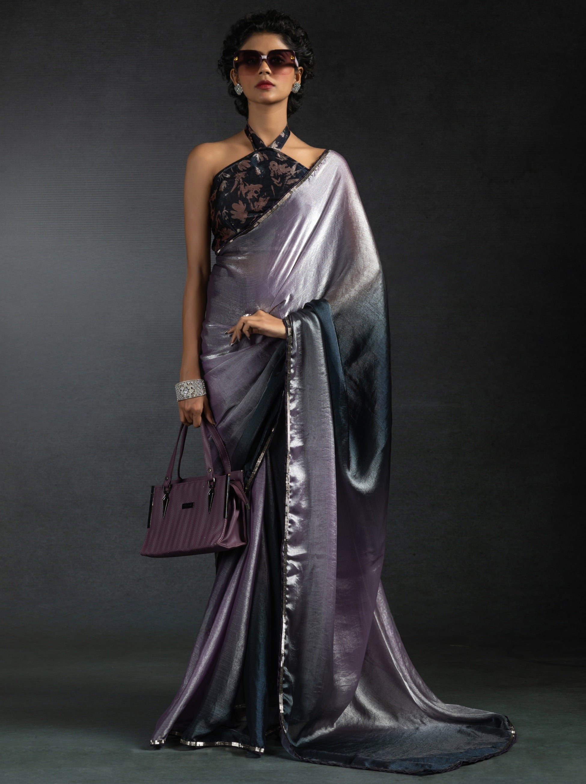 Metallic Dual Tone Purple-Black Designer Ready to Wear Saree