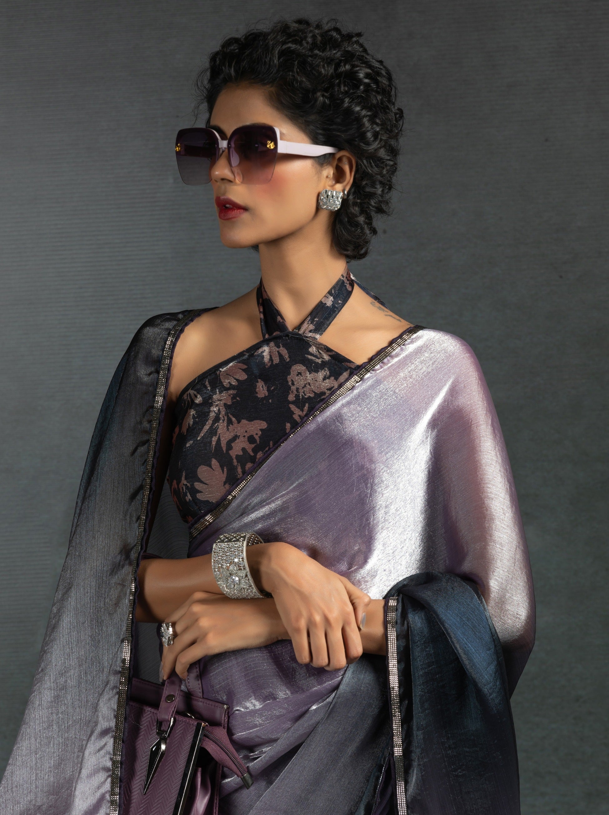 Metallic Dual Tone Purple-Black Designer Ready to Wear Saree
