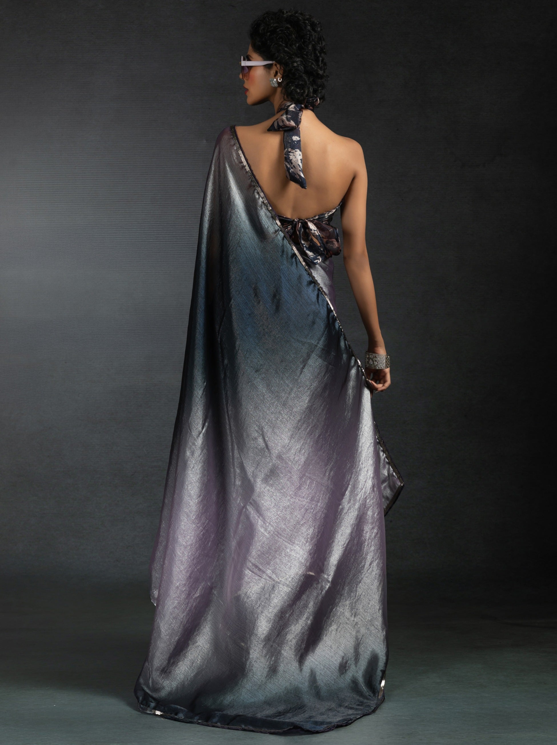 Metallic Dual Tone Purple-Black Designer Ready to Wear Saree