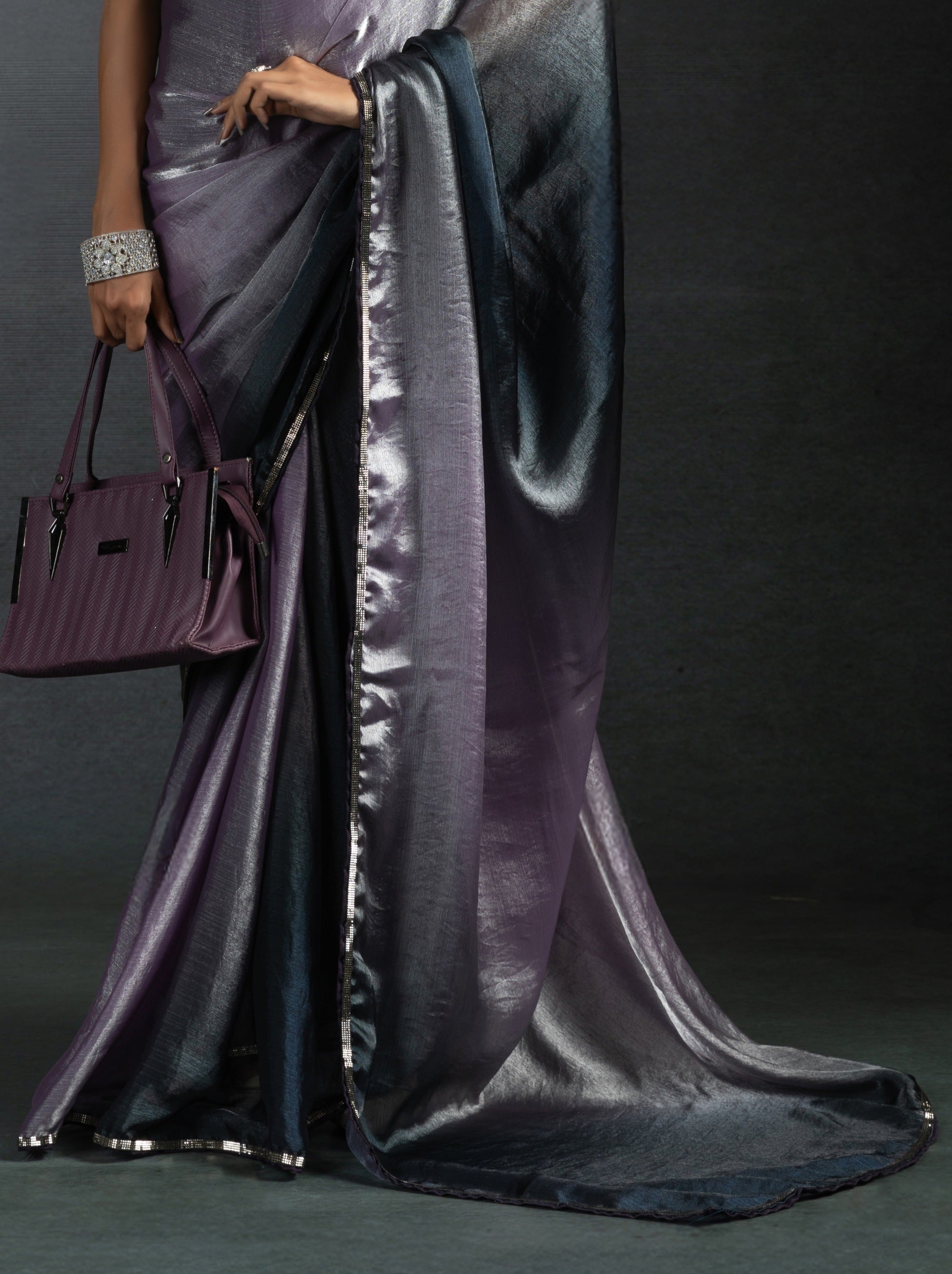 Metallic Dual Tone Purple-Black Designer Ready to Wear Saree