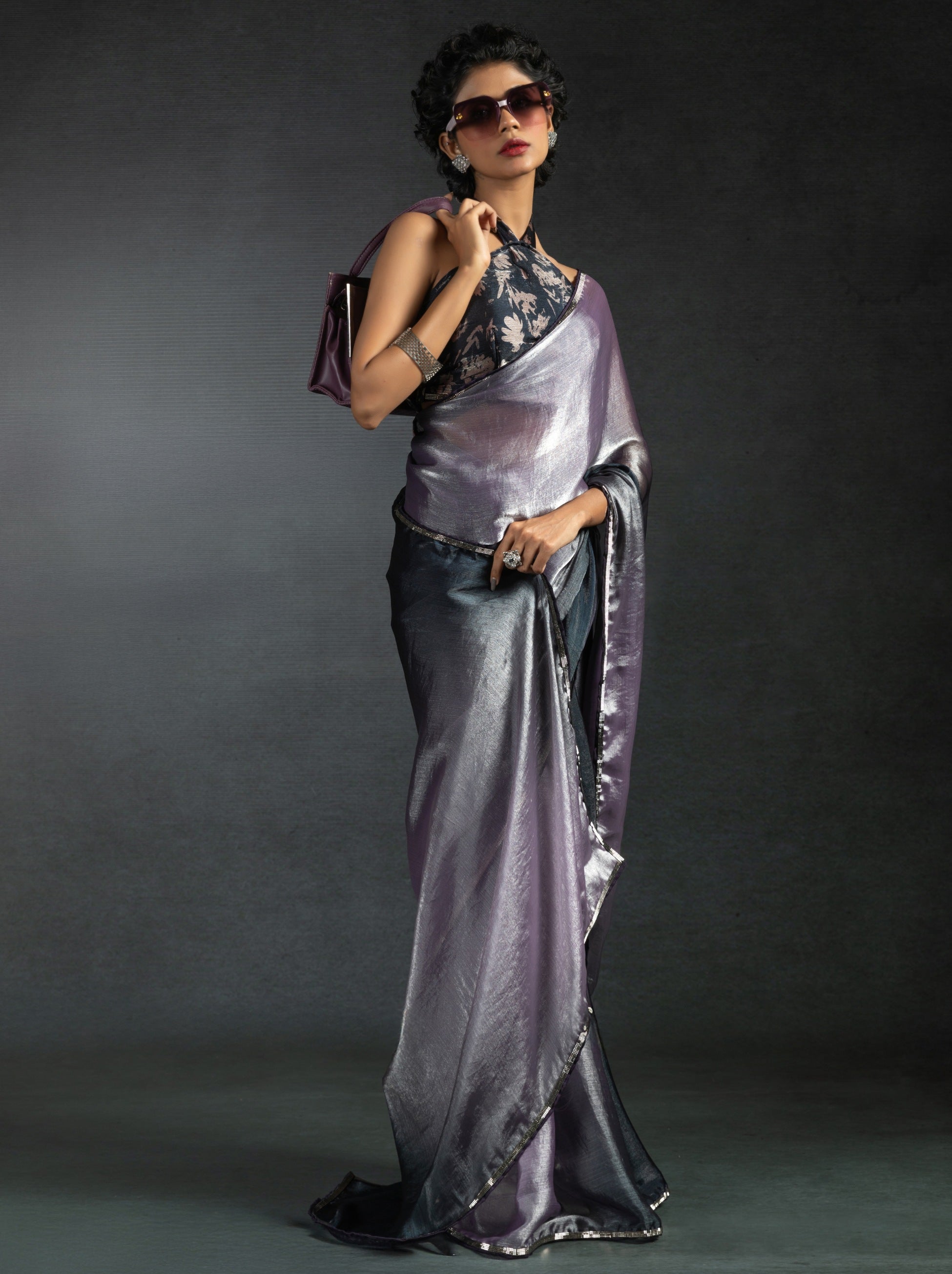 Metallic Dual Tone Purple-Black Designer Ready to Wear Saree