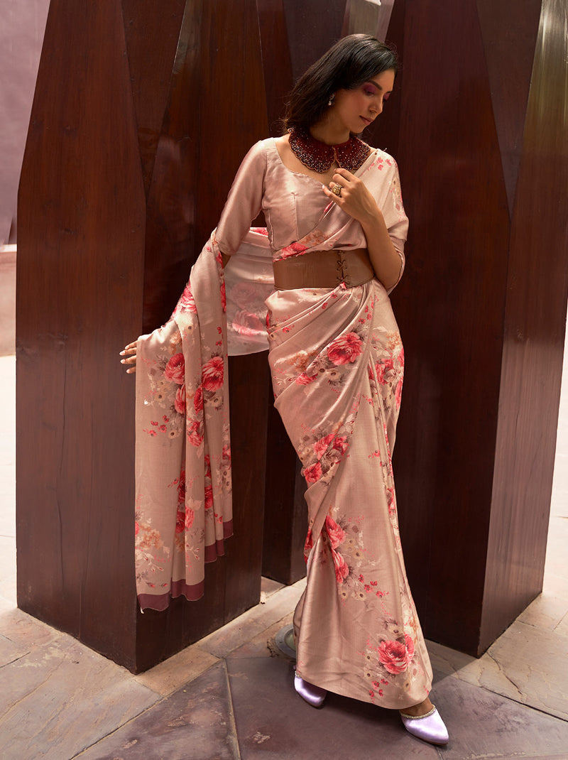 Metallic Peach Satin Silk Designer Saree - TrendOye