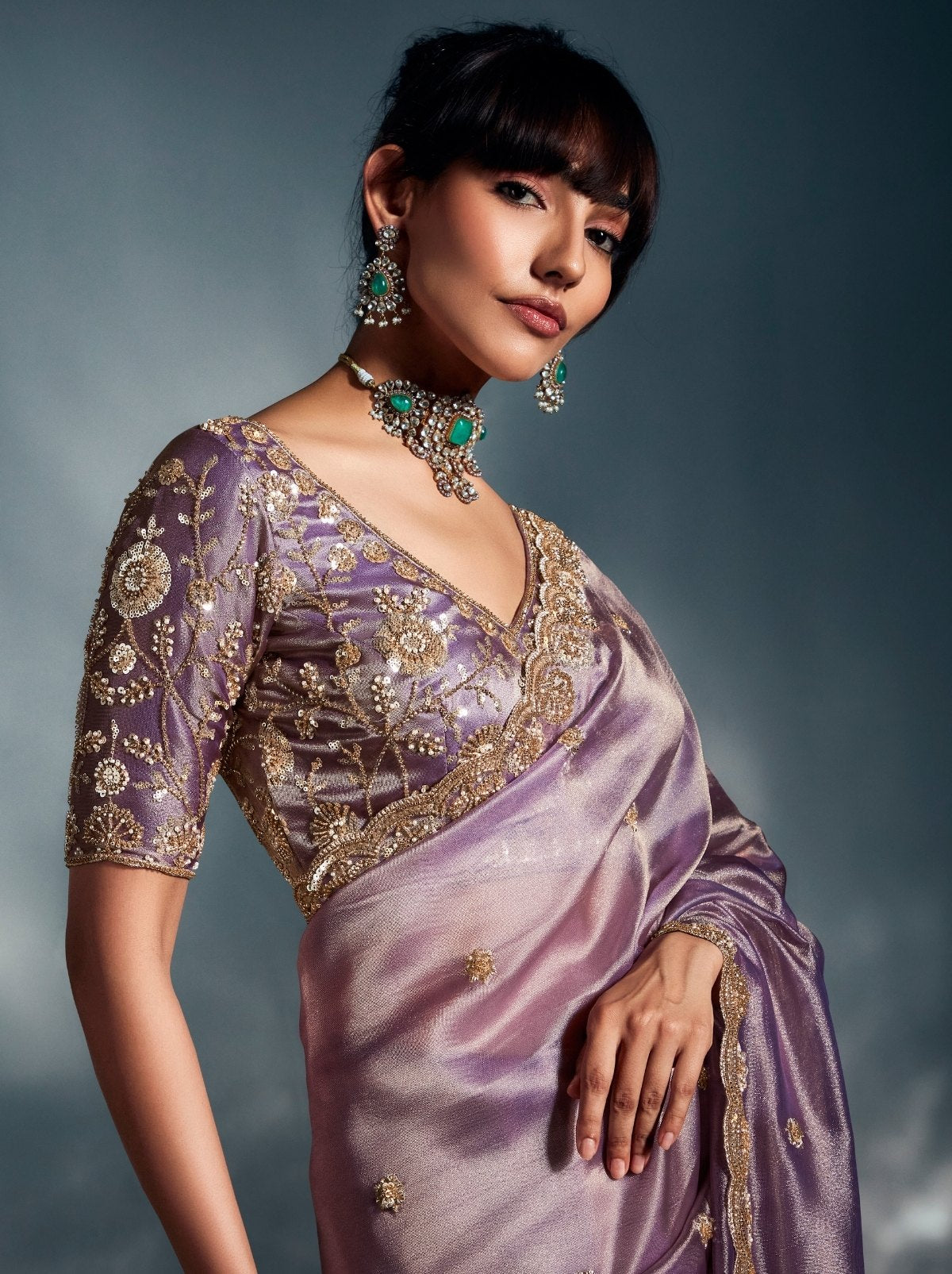 Metallic Purple Tissue Organza Wedding Saree With Blouse Piece