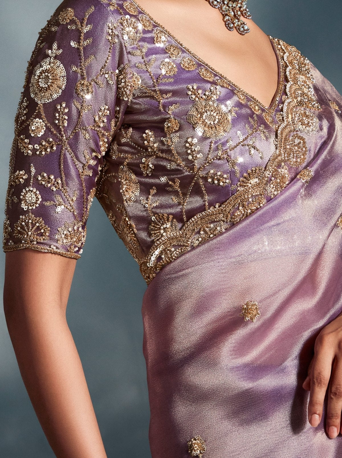 Metallic Purple Tissue Organza Wedding Saree With Blouse Piece