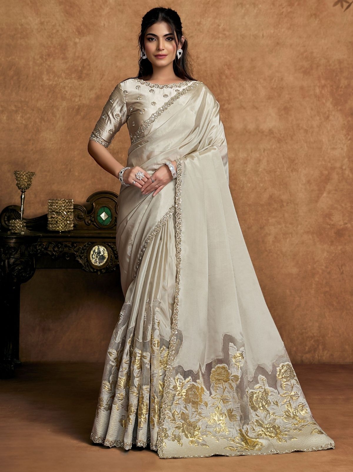Metallic Silver Premium Reception Wear Saree With Unstitched Blouse
