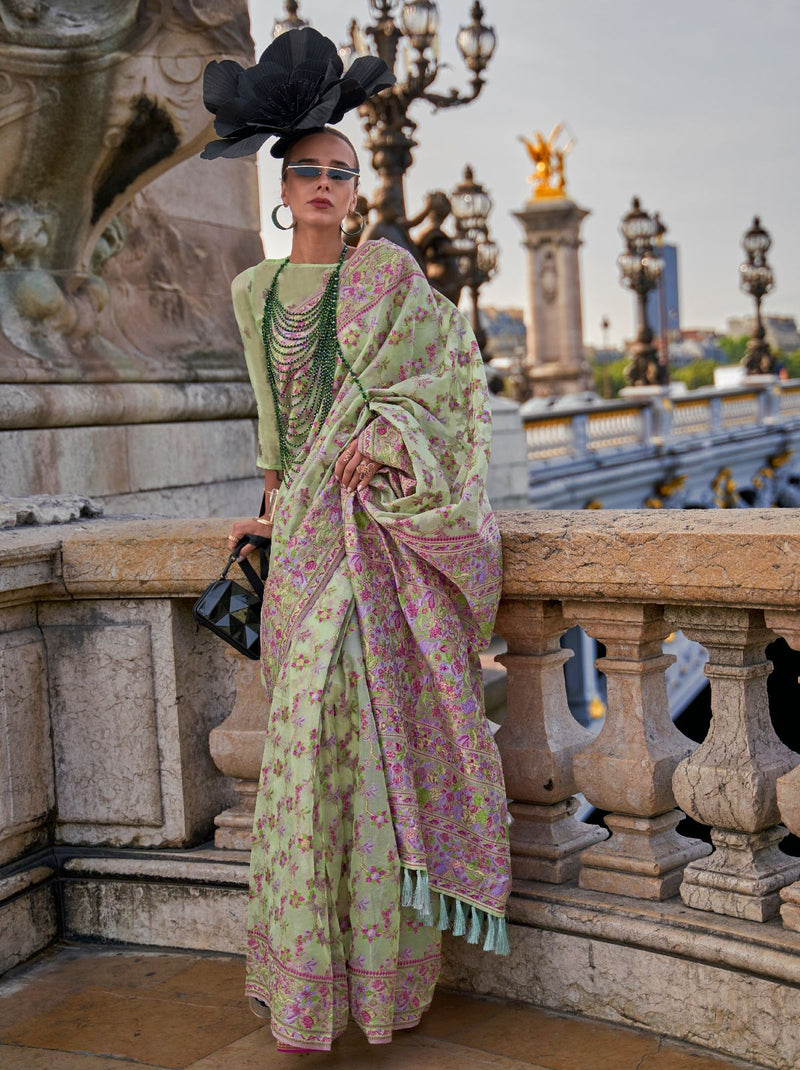 Mint Green Premium Organza Designer Saree - TrendOye