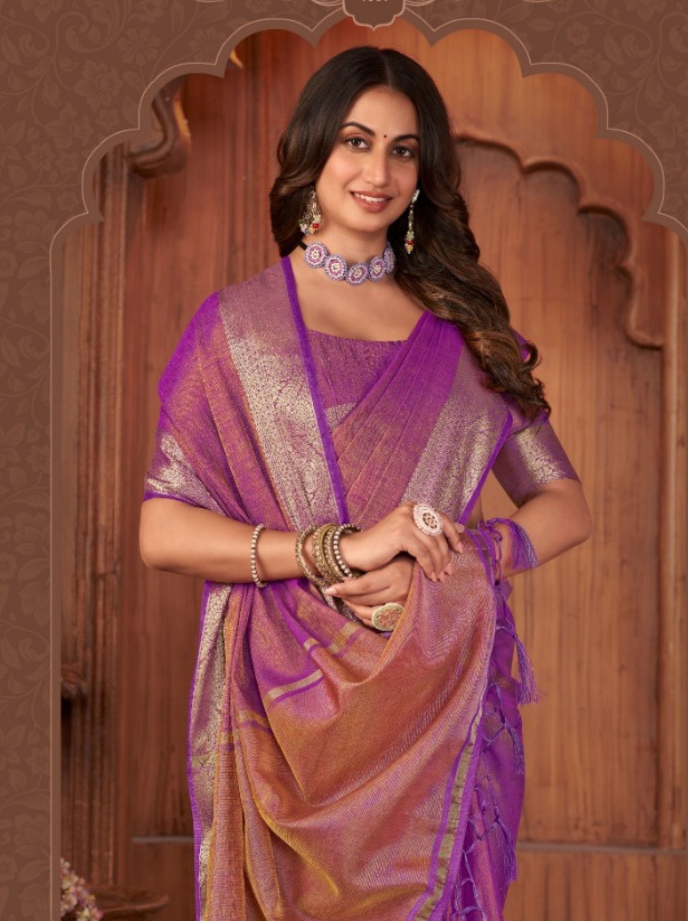 Mulberry Violet Linen Designer Saree - TrendOye