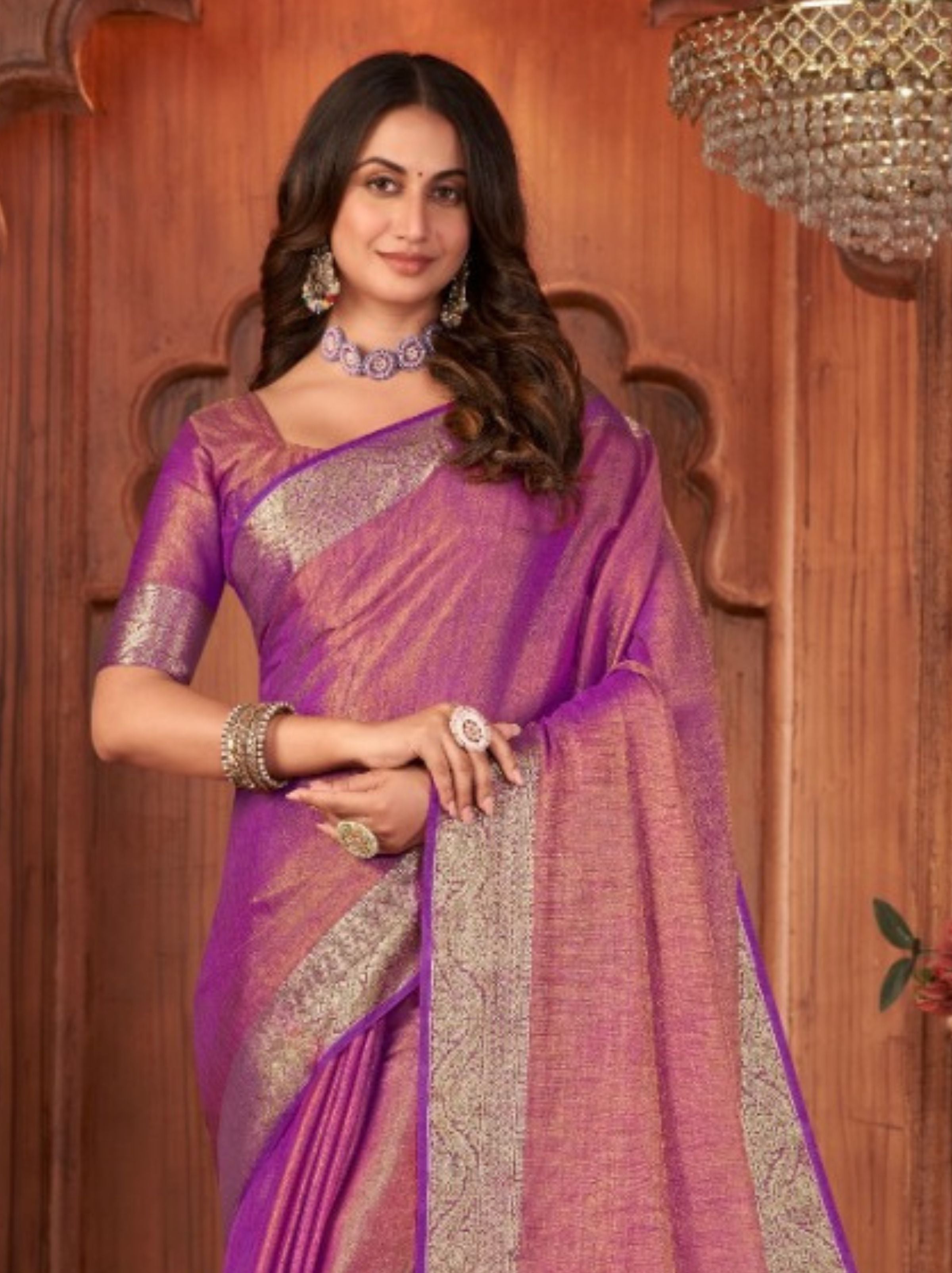 Mulberry Violet Linen Designer Saree - TrendOye